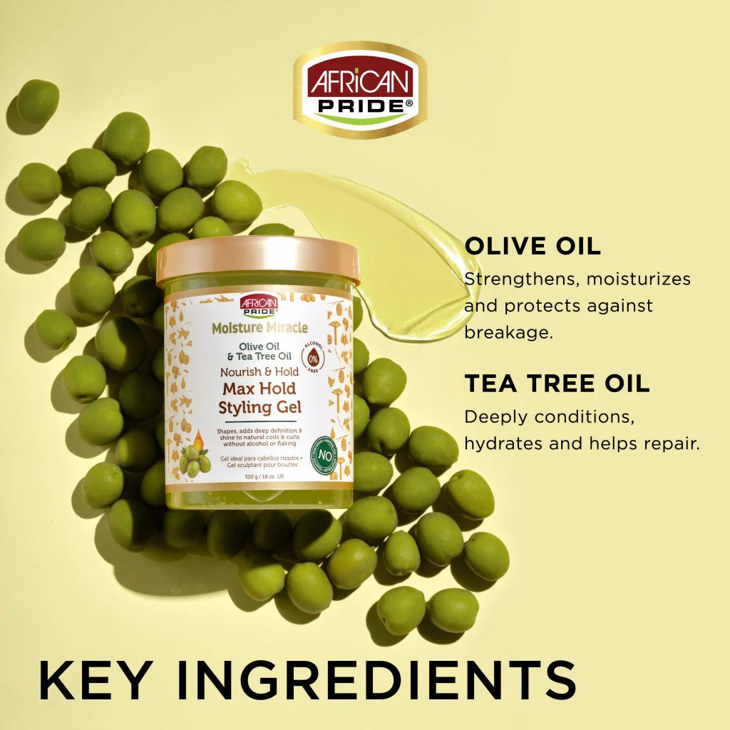 African Pride® Moisture Miracle Olive Oil & Tea Tree Max Hold Styling Gel (18 oz)
