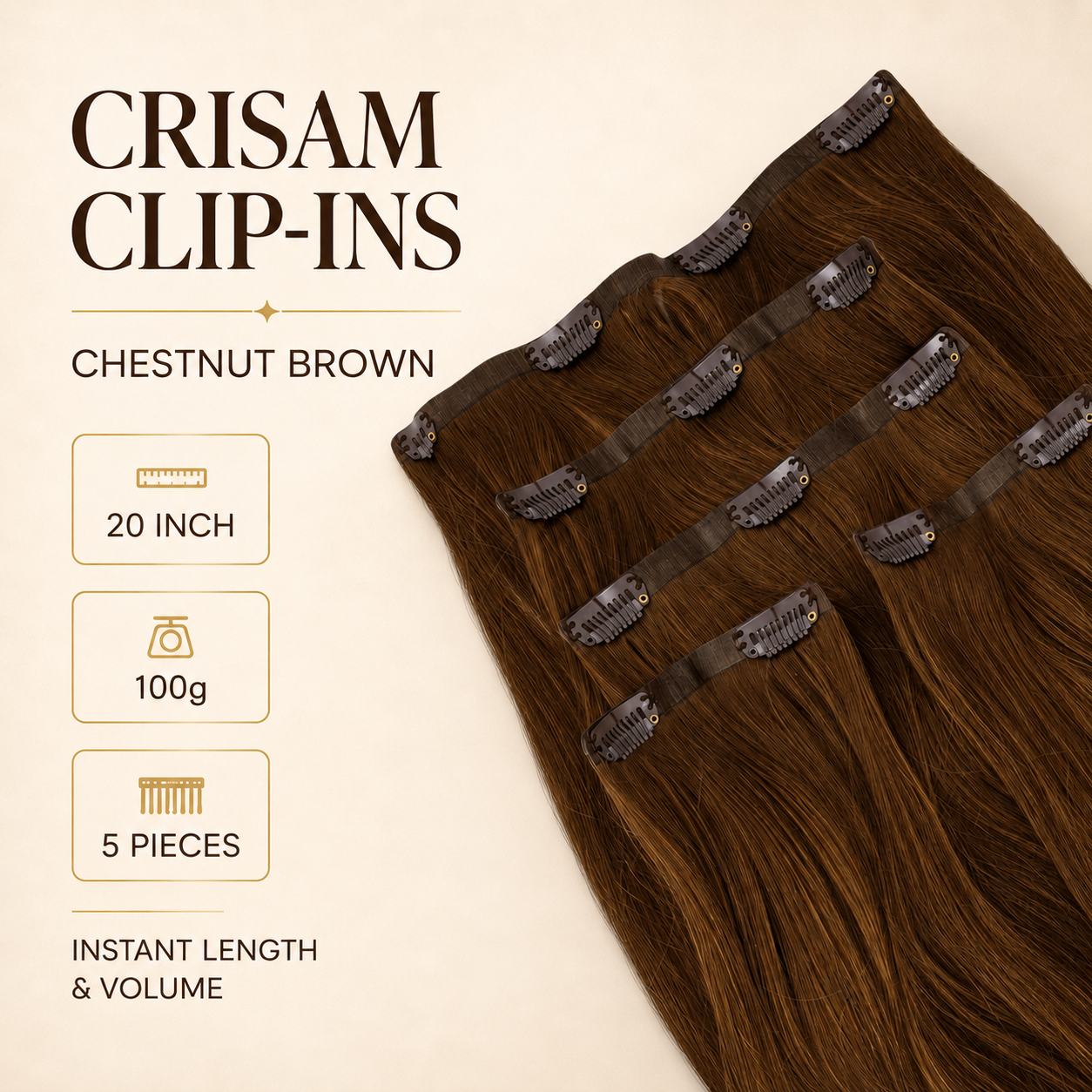 CRISAM® Clip-In Hair Extensions – 20 Inch – 100g – Chestnut Brown
