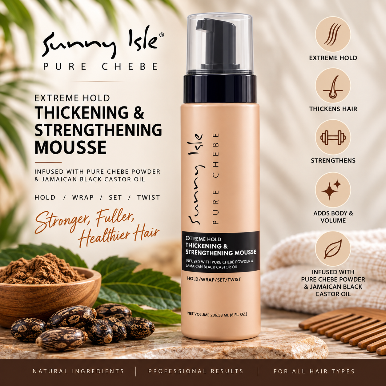 Sunny Isle Pure Chebe Extreme Hold Thickening & Strengthening Mousse 8oz